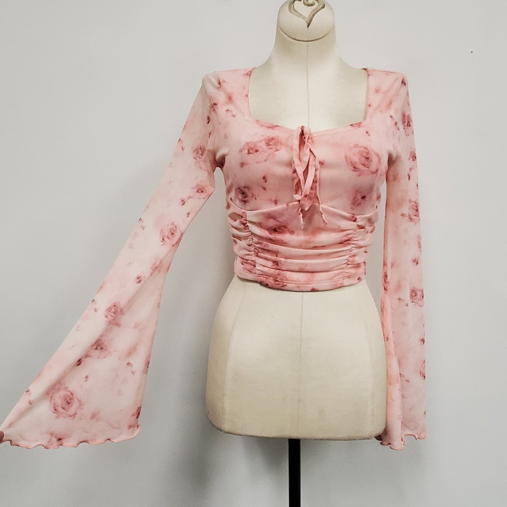 Pink Rose Sheer‎ Micromesh Flare Sleeve Top Size XS Coquette Romantic Feminine
